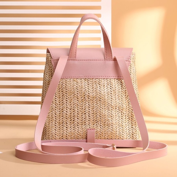 Boho Pink Vegan Leather Straw Mini Backpack - Picture 5 of 5
